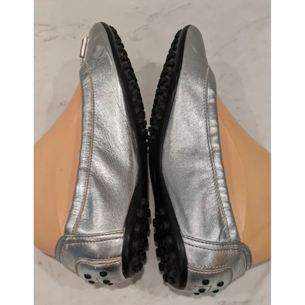 TOD'S Women's Silver Metallic Leather Ballet Flats Size 37/7 - Picture 7 of 12